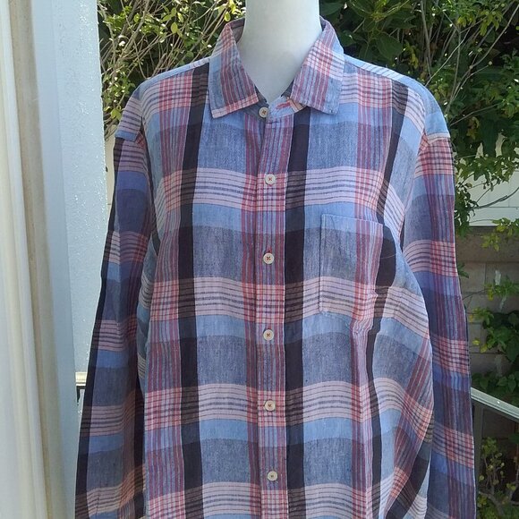 Tommy Bahama Men's Shirt Size XL 100% Linen Blue Plaid Long Sleeve Preppy - Picture 3 of 6
